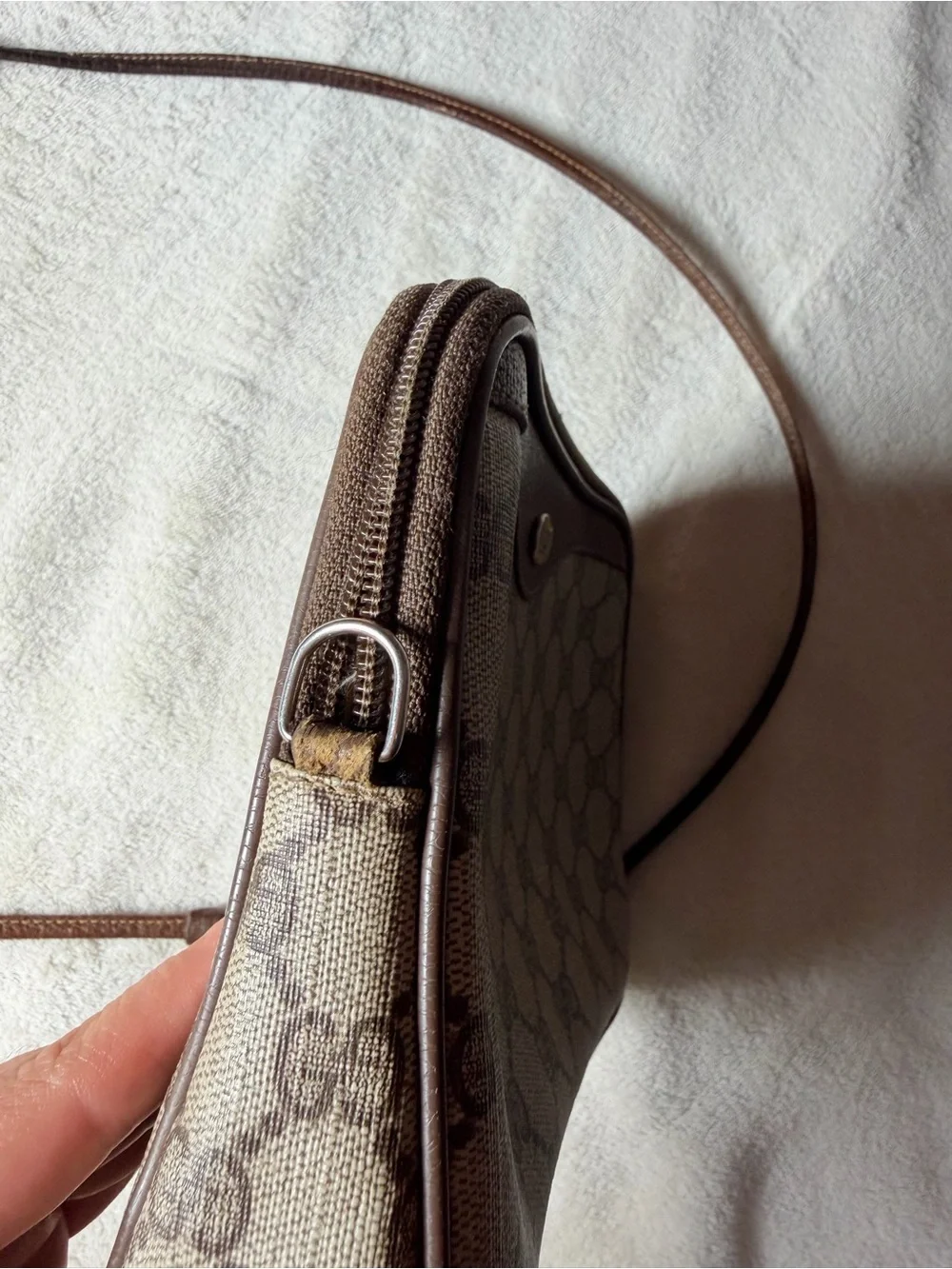 Gucci Beige GG Monogram Messenger Bag with Brown Trim